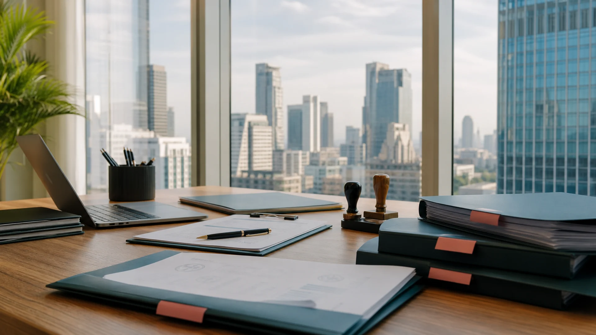 Official documents, a fountain pen, and a wax seal on a wooden desk, Bangkok skyline visible through the window